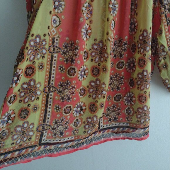 Anthropologie Fei Silk Floral Boho Blouse L Yellow Red Stripe w Floral - Picture 4 of 7
